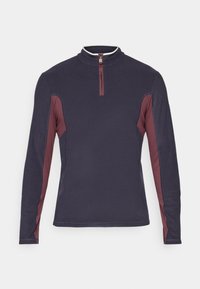 Pullover a maniche lunghe blu navy con pannelli laterali bordeaux e colletto con zip a un quarto, dotato di un piccolo tirante in metallo argentato.