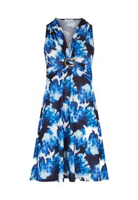 Bloemenpatroon jurk in blauw en wit met een diepe V-hals, taille detail met een gouden ring en een uitlopende rok.