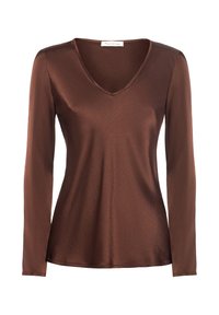 Top lungo a maniche in brown realizzato in un tessuto lucido e liscio. Presenta un profondo scollo a V e una vestibilità comoda, con un orlo curvo nella parte inferiore.