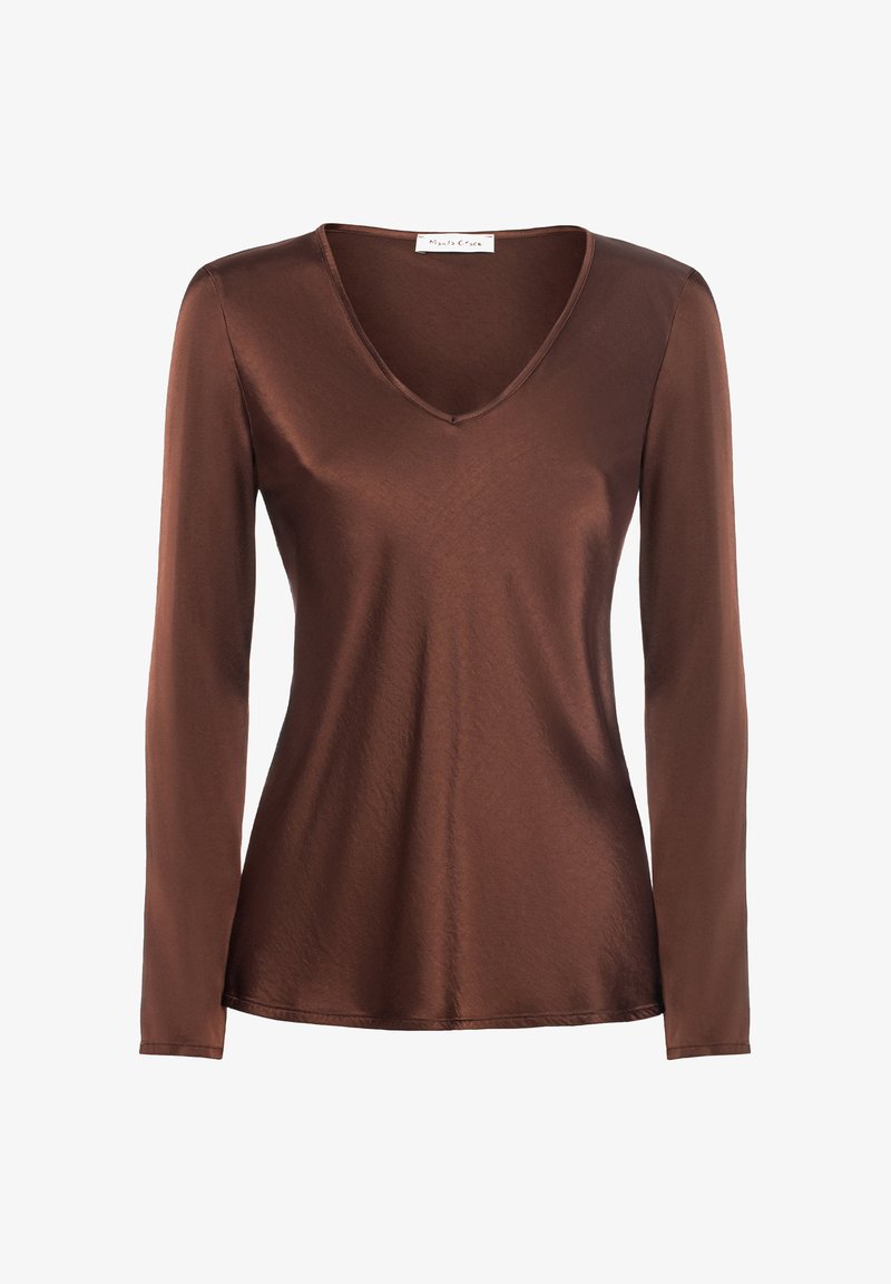 Top lungo a maniche in brown realizzato in un tessuto lucido e liscio. Presenta un profondo scollo a V e una vestibilità comoda, con un orlo curvo nella parte inferiore.