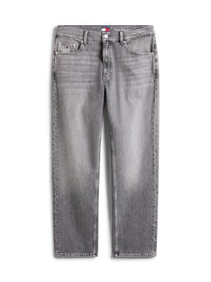 Gray denim jeans with a straight cut, featuring a five-pocket design, subtle fading, and a button closure. Includes logo detail on the waistband.
