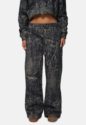 Camo-muster Sweatpants in lockerer Passform aus dunkelgrauem und schwarzem Stoff, mit elastischem Bund und Seitentaschen.