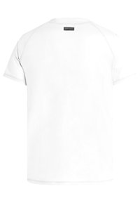 Witte T-shirt met korte mouwen en een ronde halslijn, met platte naden en een bedrukt label aan de achterkant. Effen textuur, casual ontwerp.
