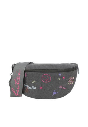 Dunkelgraue Stoff-Gürteltasche mit bunten Kritzeleien, darunter ein pinkes Smiley, der Text "oh hello", ein Tic-Tac-Toe-Spiel und "futisi" auf dem Riemen.