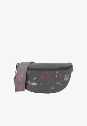 Dunkelgraue Stoff-Gürteltasche mit bunten Kritzeleien, darunter ein pinkes Smiley, der Text "oh hello", ein Tic-Tac-Toe-Spiel und "futisi" auf dem Riemen.