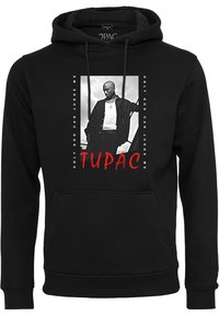 Sudadera negra con bolsillo frontal, que presenta una impresión gráfica de un hombre en blanco y negro, bordeada por texto rojo que dice "TUPAC" y "SOLO DIOS PUEDE JUZGARME."