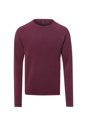 Long-sleeve crew neck sweater in textured dark purple knit fabric, shown from the front on a white background.