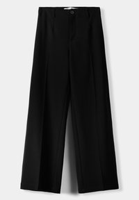 Pantaloni negri cu picior larg, fabricați dintr-un material ușor, cu închidere frontală cu nasture și față plată, având tivuri cusute cu atenție.
