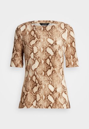 Beige ja ruskea lyhythihainen toppi, jossa on käärmeen nahka -kuvio ja pyöreä pääntie.
