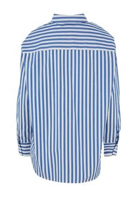 Camicetta a righe blu e bianche con colletto a pieghe sul retro, maniche a tre quarti e orlo curvo. Realizzata in tessuto leggero.