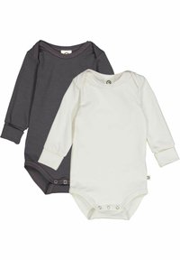 Dvě body s dlouhým rukávem: jedno tmavě šedé s tónovaným šitím, druhé bílé s patentkami na spodní části. Obě mají měkkou, elastickou tkaninu.