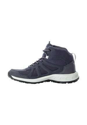 Scarpa da trekking a metà altezza di colore blu navy scuro, realizzata con materiali in mesh e sintetici, con suola bianca, dettagli texturizzati e sistema di allacciatura.