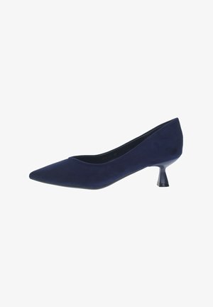 Pump blu navy a punta realizzata in morbido suede con un sottile tacco a stiletto e una texture liscia, caratterizzata da un design affusolato e accenti minimal.
