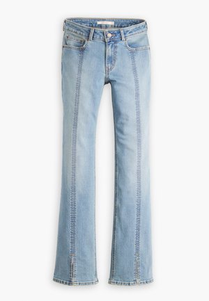 Light blue denim flared jeans with a high waist, front pockets, and visible stitching details. The legs feature a split hem design.