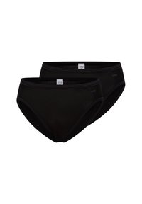 Schwarze Baumwollslips mit glatter Textur, ausgestattet mit einem bequemen Bund und einem dezenten Logoschild. Zwei Stücke zusammen präsentiert.