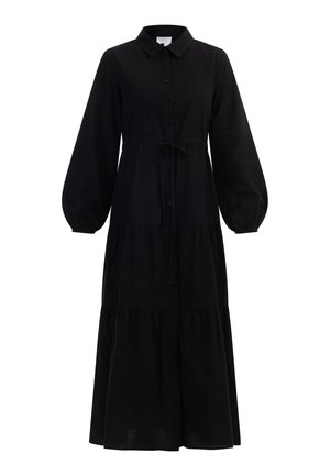 Czarna midi sukienka z fakturowanej tkaniny, z przodem zapinanym na guziki, kołnierzykiem koszulowym, długimi bufiastymi rękawami i przewiązywanym w pasie, z falbaną.