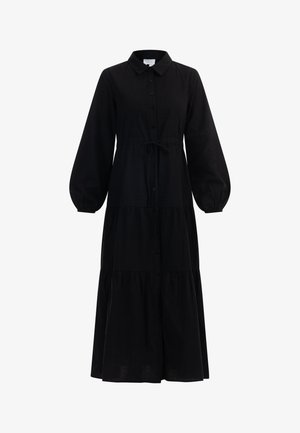 Czarna midi sukienka z fakturowanej tkaniny, z przodem zapinanym na guziki, kołnierzykiem koszulowym, długimi bufiastymi rękawami i przewiązywanym w pasie, z falbaną.