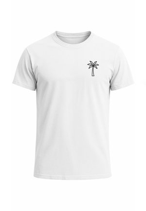 White cotton t-shirt with a crew neck, featuring a small black palm tree graphic on the left chest. Classic fit with short sleeves.