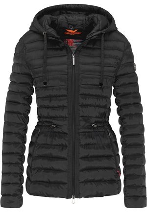 Sort quiltet hættejakke med lynlås foran, justerbare snore ved talje og hætte samt lynlåslommer i siden.