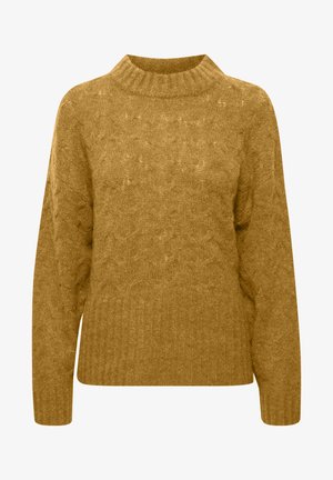 Sinise kollase värvi soonik-kootud kampsun, millel on kõrge soonikloga krae ja langevad õlavarred. Omab tekstuurset mustrit ja soonikdatud alaosa.