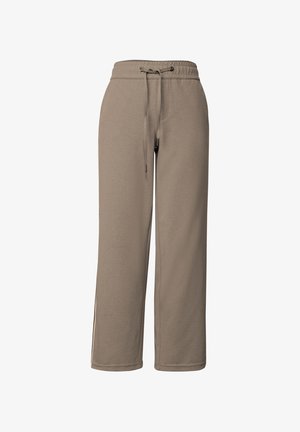 Light brown jogger pants made of soft fabric, featuring an elastic waistband with a drawstring and side slits at the hem.