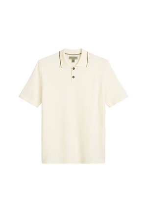 Lichtcrème polo-shirt met een drie-knopen placket, contrasterende donkere randen op de kraag en korte mouwen. Textuur afwerking van de stof.