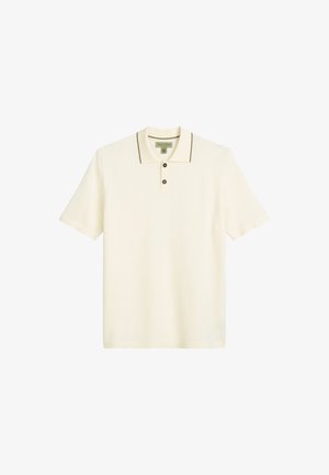 Lichtcrème polo-shirt met een drie-knopen placket, contrasterende donkere randen op de kraag en korte mouwen. Textuur afwerking van de stof.