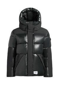 Doudoune noire à finition brillante, col haut, fermeture éclair frontale et cordons ajustables ; dotée d'un rembourrage épais et de poches latérales.