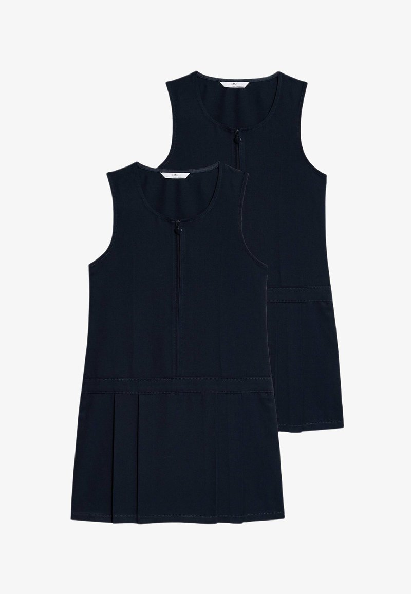 Dos vestidos de uniforme escolar sin mangas en azul marino, con cremalleras frontales y faldas plisadas, dispuestos sobre un fondo blanco.