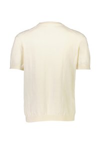 Maglione a maniche corte di colore crema, lavorato a maglia, con colletto a girocollo rigato e accenti testurizzati sulle spalle. Tessuto morbido con una silhouette aderente.