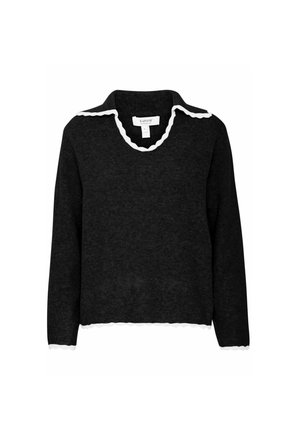 Černý svetr s vlnitým bílým límcem a lemy, dlouhými rukávy, vyrobený z měkkého pleteného materiálu, s volným střihem.