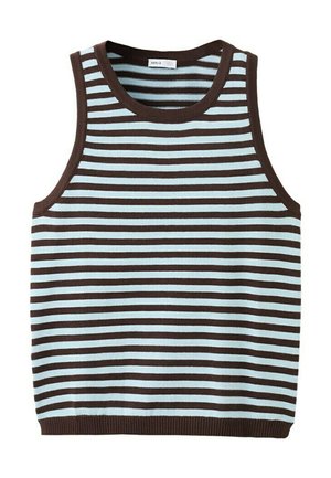 Vestă tricotată fără mâneci cu dungi orizontale în albastru deschis și maro închis și margini rebele maro închis.