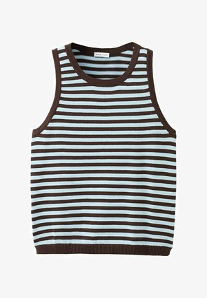Pletená bezrukávová vesta s vodorovnými pruhy v světle modré a tmavě hnědé barvě a tmavě hnědými žebrovanými okraji.