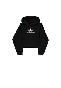 Čierna skrátená mikina so soft tkaninou. Obsahuje predné vrecko, rebrové manžety a biely potlač loga so pruhmi na hrudi.