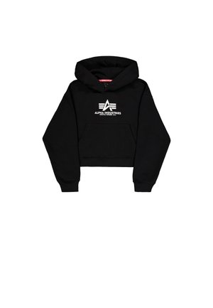 Schwarzer, verkürzter Hoodie aus weichem Stoff. Verfügt über eine Fronttasche, gerippte Bündchen und einen weißen Logo-Druck mit Streifen auf der Brust.