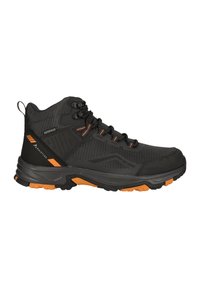 Bottines de randonnée noires imperméables avec tige en maille texturée, œillets renforcés, accents orange et semelle robuste pour l'adhérence.