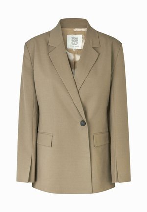 Blazer khaki con rever a dente, chiusura a un bottone, due tasche frontali e una fodera interna liscia. Design strutturato con maniche lunghe.