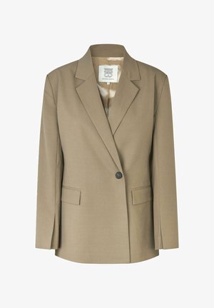 Kaki kavaj med slagkrage, enkel knappstängning, två framfickor och en mjuk inlining. Strukturerad design med långa ärmar.