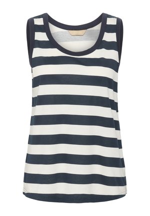 Haut sans manches rayé bleu marine et blanc avec un décolleté rond, en tissu doux, et avec une bordure contrastante noire aux épaules.