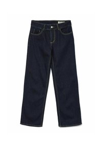 Tmavě modré široké džíny z denimu s pěti kapsami, kontrastním prošíváním, zapínáním na knoflík a poutky na opasek.