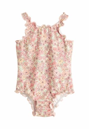 Floral one-piece swimsuit in light pink, featuring ruffled straps and edges. Pattern includes pastel flowers and green accents. Soft texture.