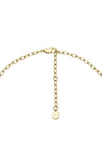 Collana in oro con segmenti collegati, dotata di una chiusura sicura e un piccolo pendaglio con logo, che mette in mostra una finitura liscia e lucida.