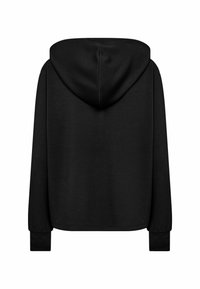 Sweatshirt à capuche noir avec des manches longues et des poignets côtelés, présenté de dos sur un fond blanc.