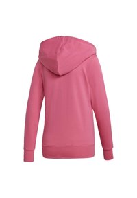 Růžová mikina s velkou kapucí, dlouhými rukávy, žebrovanými manžetami a lemem. Vyrobená z měkkého materiálu, zadní část je hladká a bez ozdob.