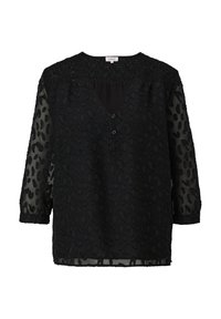 Zwarte doorschijnende blouse met luipaardprint, V-hals, driekwartmouwen en knoopdetails. Geverfde buste met elastische smock.