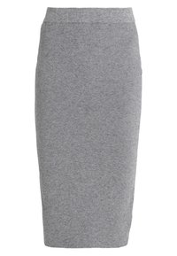 Šedá tužková sukně vyrobená z měkkého pleteného materiálu. Má přiléhavý střih, délku ke kolenům a hladký pas bez ozdob.