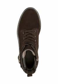 Brown suede ankle boot with lace-up front, padded collar, and decorative zipper detail. Features a stitched white sole and textured interior.