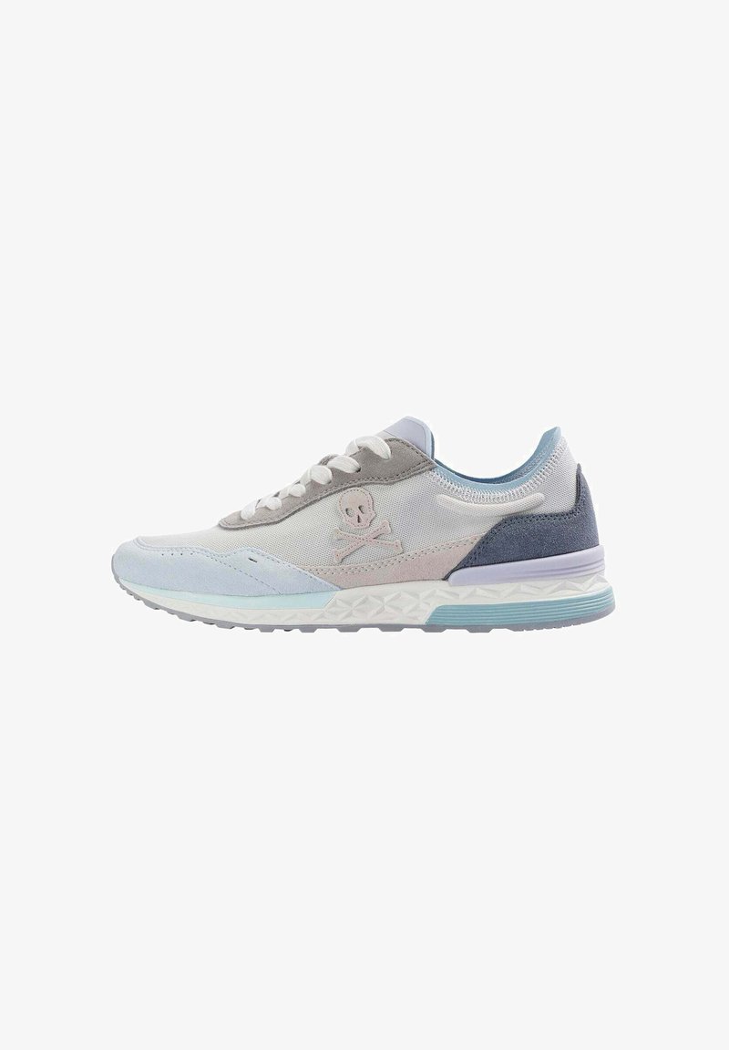 Light blue and gray athletic shoe with mesh and suede. Features a skull logo, white laces, and textured sole with a distinct pattern.