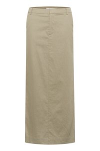 Gonna midi in lino beige con vita piatta, tasche laterali e silhouette dritta, caratterizzata da cuciture minime e senza hardware visibile.