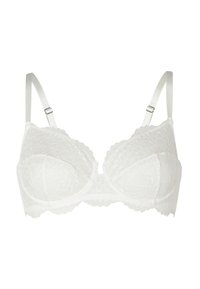 Reggiseno bianco in pizzo con un design a onde, supporto con ferretto, spalline in satin regolabili e una texture liscia.